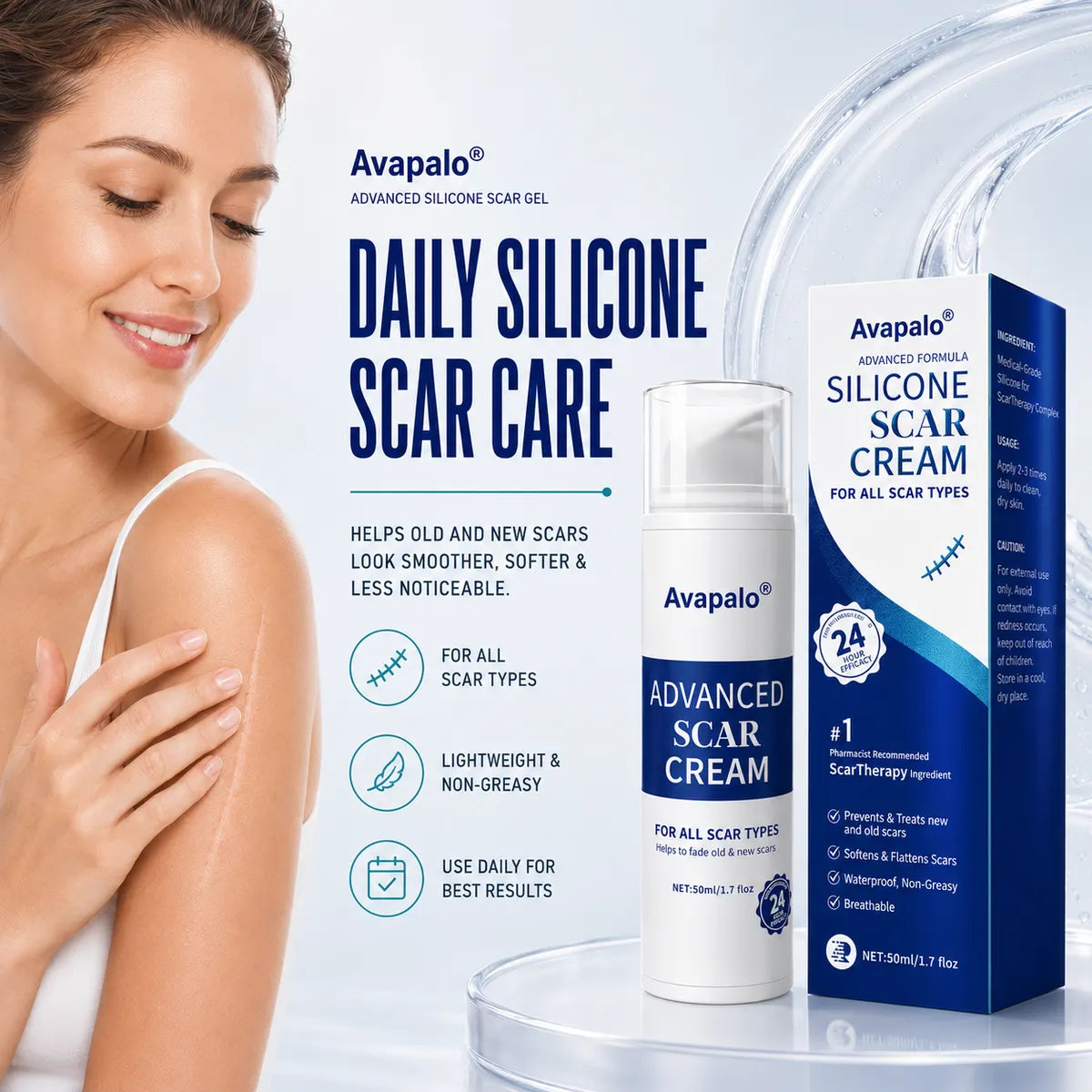 Avapalo® Advanced Silicone Scar Gel – Professional Scar Removal Cream for Surgical Scars, Keloids, Stretch Marks, C-Section & Old or New Scars Repair Treatment