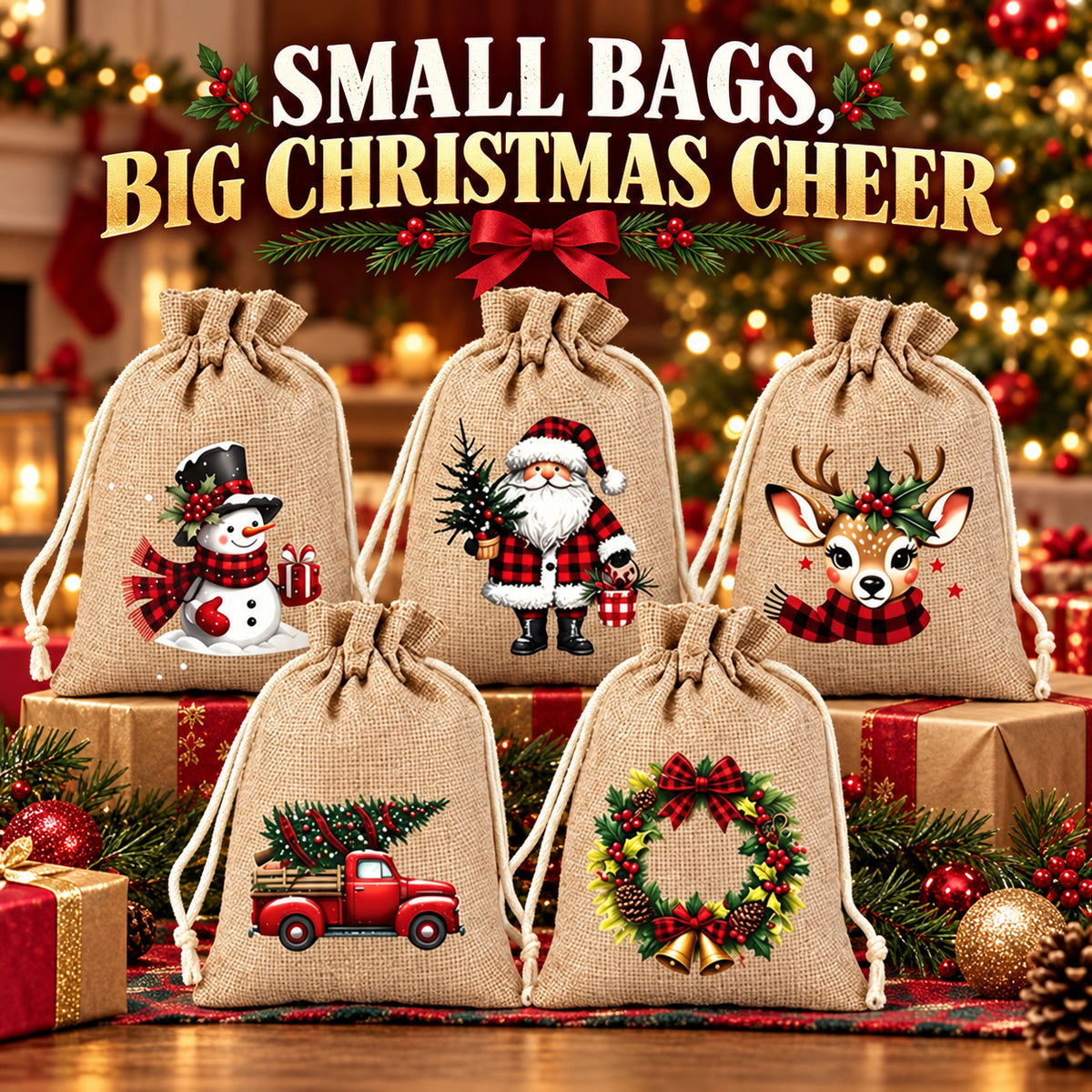 Christmas Drawstring Gift Bags – Reusable Holiday Treat & Gift Pouches