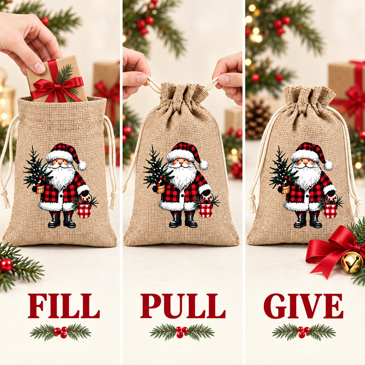 Christmas Drawstring Gift Bags – Reusable Holiday Treat & Gift Pouches