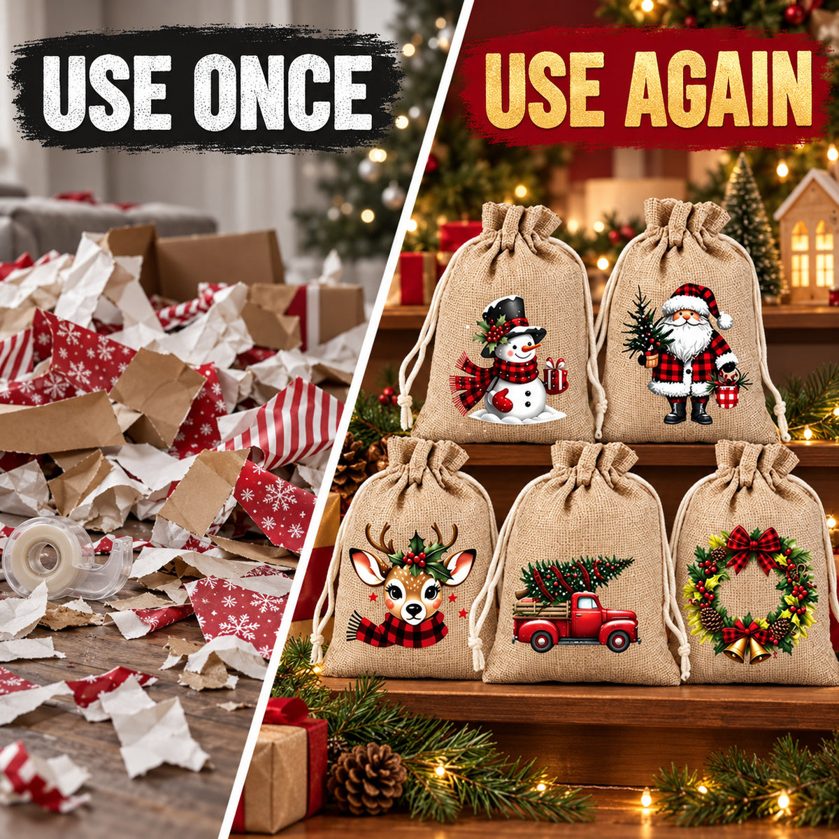 Christmas Drawstring Gift Bags – Reusable Holiday Treat & Gift Pouches