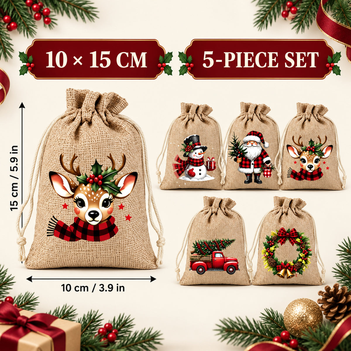 Christmas Drawstring Gift Bags – Reusable Holiday Treat & Gift Pouches