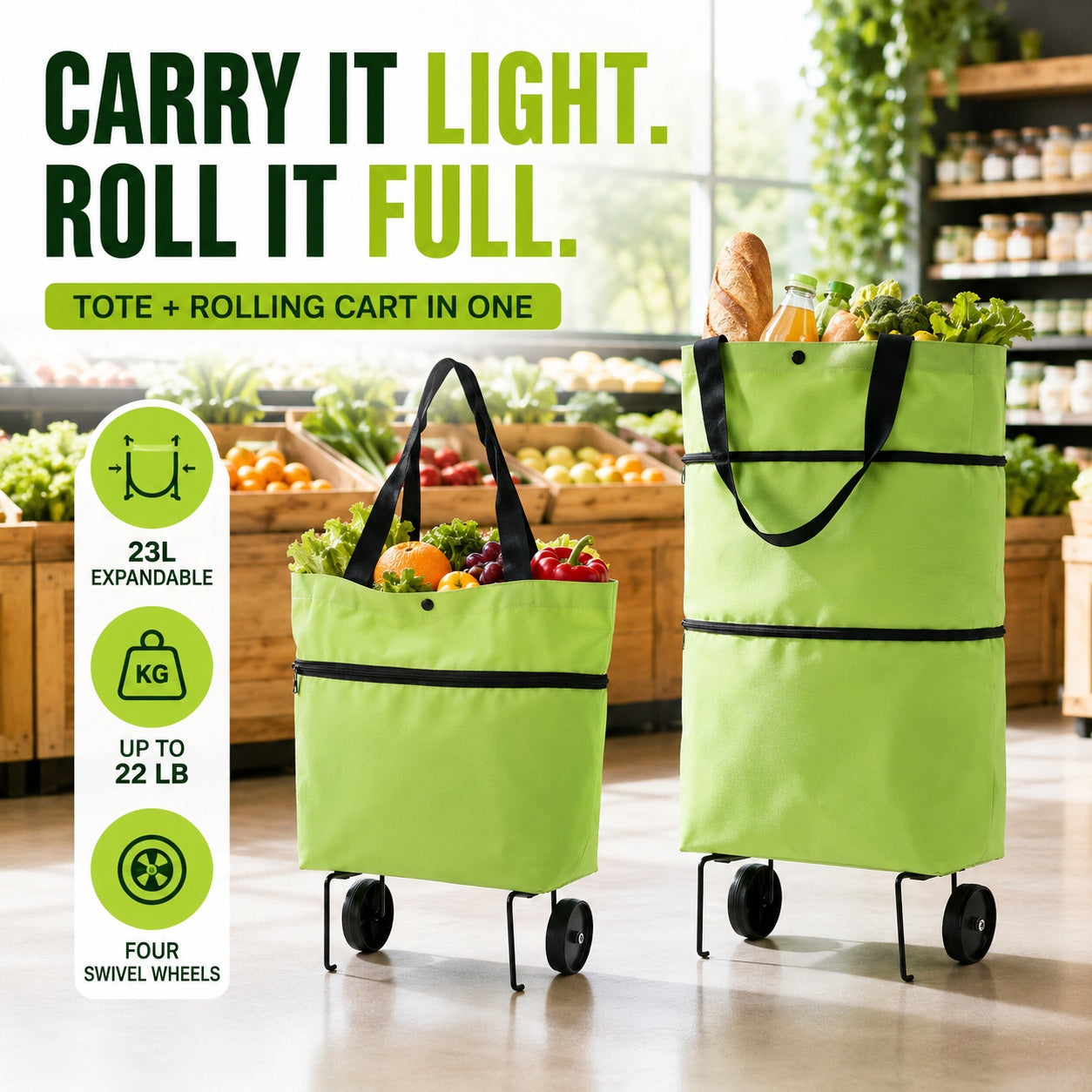 Foldable 2-in-1 Rolling Tote Bag