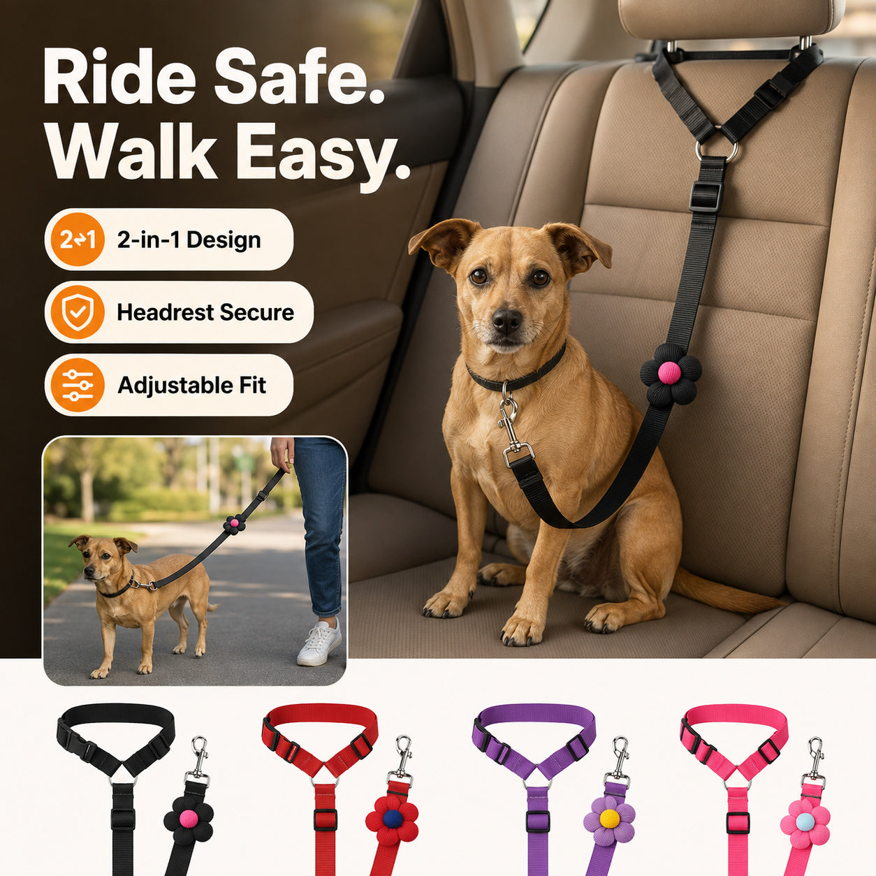 Easy Ride Upgrade 🐾✨ 2-in-1 Headrest Dog Car Seat Belt Leash