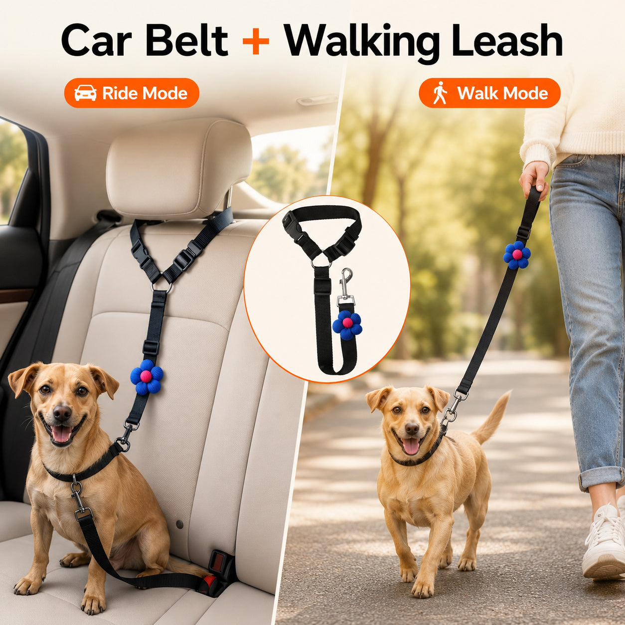 Easy Ride Upgrade 🐾✨ 2-in-1 Headrest Dog Car Seat Belt Leash
