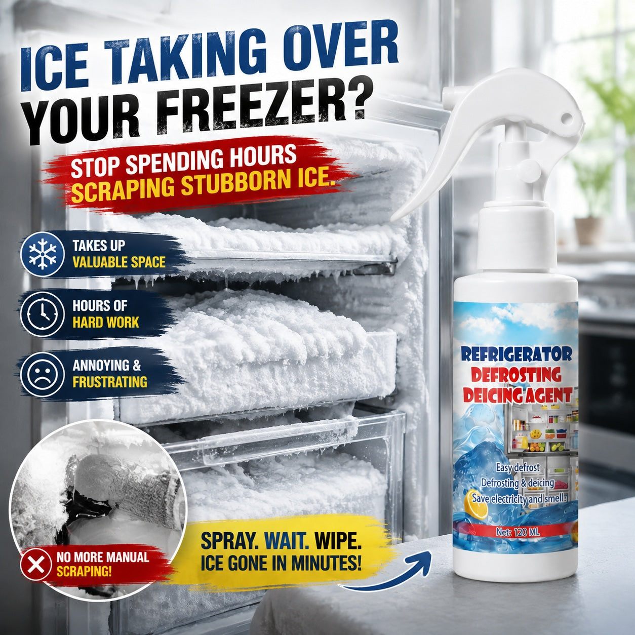 Powerful Ice & Frost Remover Spray – No More Endless Scraping for Cars, Freezers & More